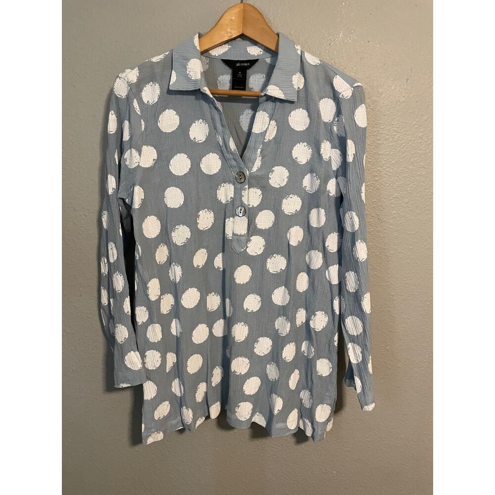 Ali Miles Womens Top Medium Blue White Polka Dot Rayon Nylon Textured Artsy